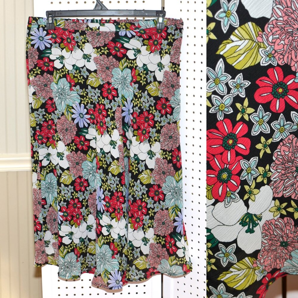 XL Dana Taylor Colorful Wild Retro Style Floral on Black Long Lined Skirt